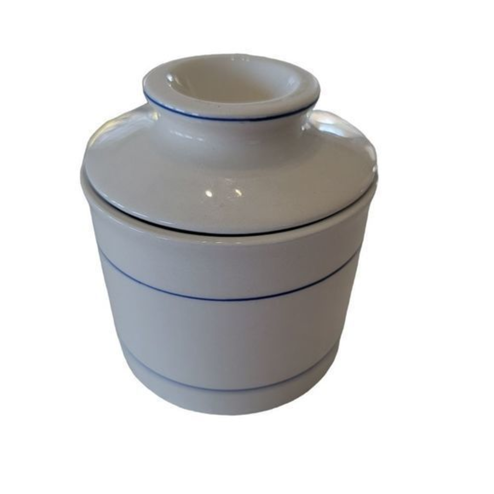 Vintage Pottery Stoneware Butter Keeper Blue Trimmed Ivory NEW‎ IN BOX